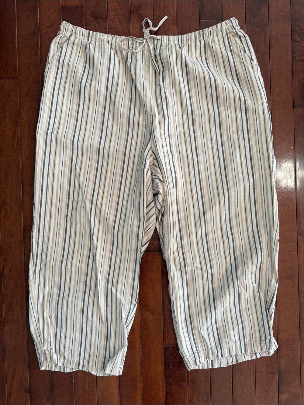 Classic Elements Striped Cream Linen Blend Drawstring Capris Size XL